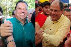 Luis Guillermo Solís von der PAC und Johnny Arara von der PLN (v.r.n.l.) werden den zweiten Wahlgang am 6. April 2014 bestreiten. Foto: Amerika21/telesur