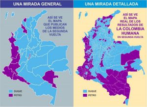 Grafik links: Mehrheiten nach Departamentos, Grafik rechts: Mehrheiten in den einzelnen Wahlkreisen. Lila: Gustavo Petro, Blau: Iván Duque.
Quelle: Marcha