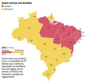 Ergebnisse der Stichwahl nach Bundesstaaten. Mehrheiten für F. Haddad sind rot gekennzeichnet, Mehrheiten für J. Bolsonaro sind gelb markiert.
Grafik: Folha de S.Paulo