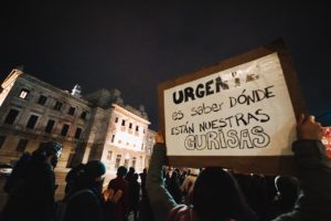 Parlamento Uruguay. Manifestacion encontra de la ley de urgente consideración(LUC). Pancarta feminista