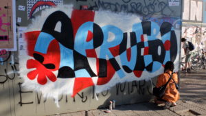"Apruebo" entsteht als Wandmalerei am 18. Oktober 2020 an der Plaza de la Dignidad, Foto: Ute Löhning