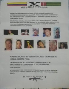 Das neue Drohschreiben der Águilas Negras sorgt für Angst in El Salado. Foto: Colombia Informa