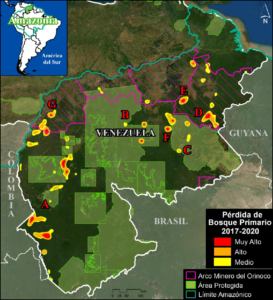 Die Basiskarte von Venezuela zeigt die wichtigsten Hotspots des Verlustes von Primärwald im venezolanischen Amazonasgebiet in den letzten vier Jahren (2017-2020). Quelle: Servindi/MAAP