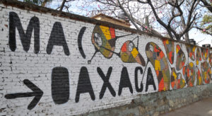 Graffiti mit bunten Vögeln und dem Schriftzug: MAC -> OAXACA
